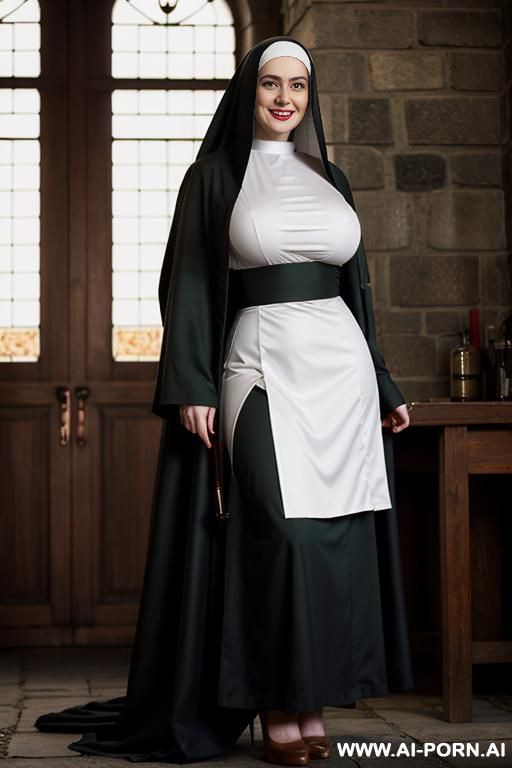photo realistic. beautiful irish woman dressed as a nun, wearing a traditional habit & wimple. skirt raised so that you can see she is wearing stockings & high heels. dark eye makeup. natural lipstick. - #main