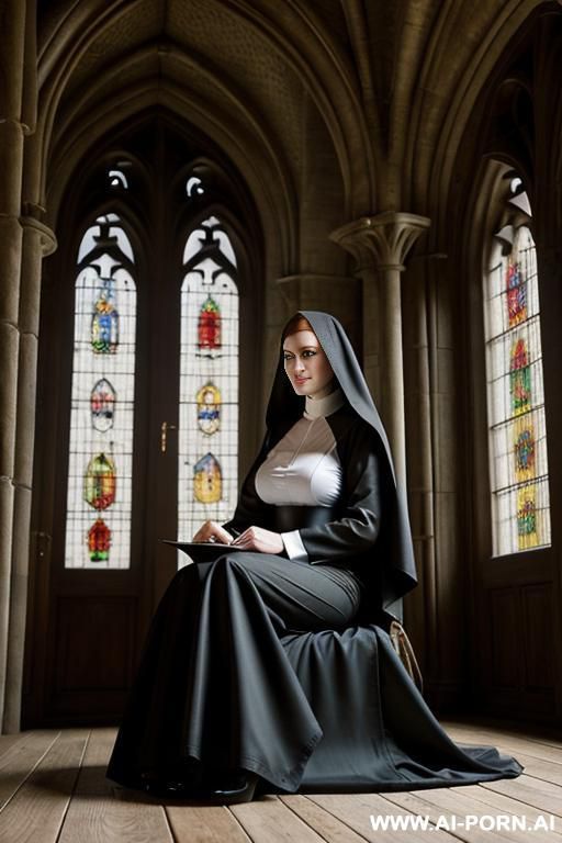beautiful nun dressed in traditional habit & wimple. skirt raised so that you can see she is wearing stockings & high heels. - #main