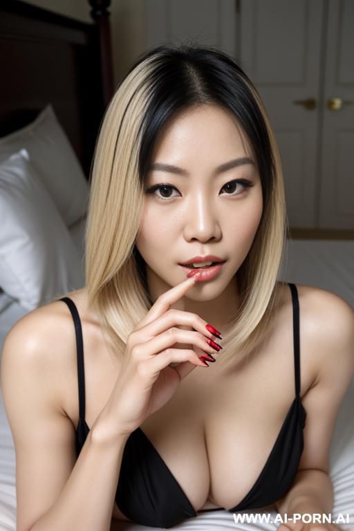 2 chinese woman shoulder length hair blonde, barefoot, black finger nails and toe nails, naked laying on bed - #main