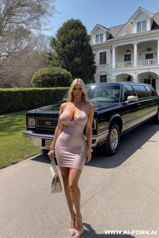 beautiful bimbo, high cheekbones, big doll eyes, gigantic breasts, toned stomach, tall and slender, arriving at mansion standing next to limo outfront of mansion, reality tv style picture, ((keep face)), ((keep body)), - #main