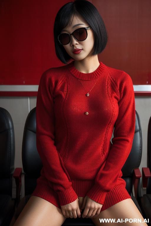 an asian woman with sun glasses wearing a red sweater like dress but with no underwear - #main