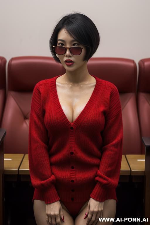 an asian woman wearing a sweater like adjusted red dress and sunglasses without underwear, she is showing her dripping vagina - #main