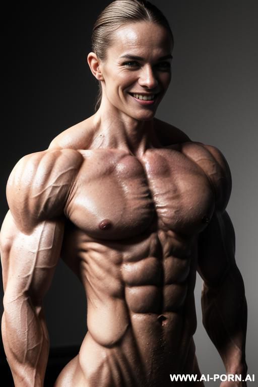 (gray background), (naked), (nude), ((shortest slender most muscular actress k. waterston only)), ((((nude sinewy slender beautiful muscle woman actress k. waterston with extreme musculature)))), ((short)), - #main