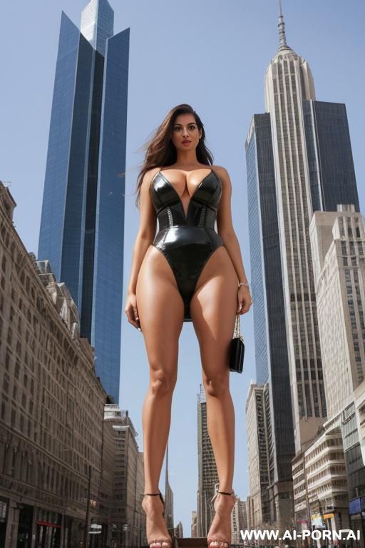 extremely tall, narrow giantess. she is towering above the buildings around her. high heeled sandals - #main