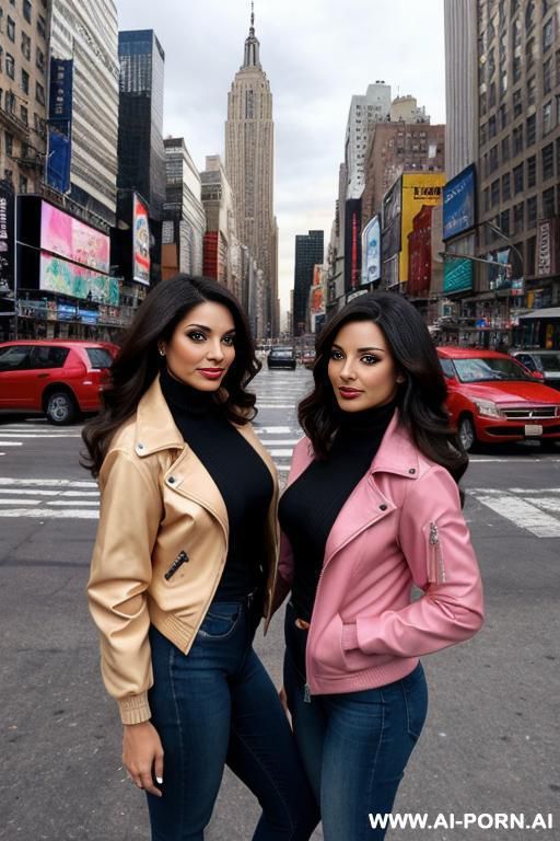 latina brunette sisters wearing jackets with a new york back drop. - #main