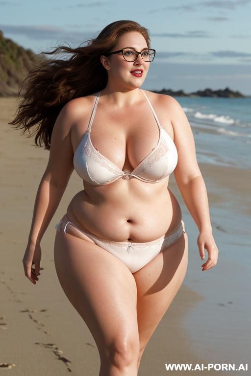 two busty plus size white woman running topless on the beach photo realistic, extra large breast bouncing as they run, topless, saggy breasts, chubby face, curly long brown hair, glasses, lipstick - #main