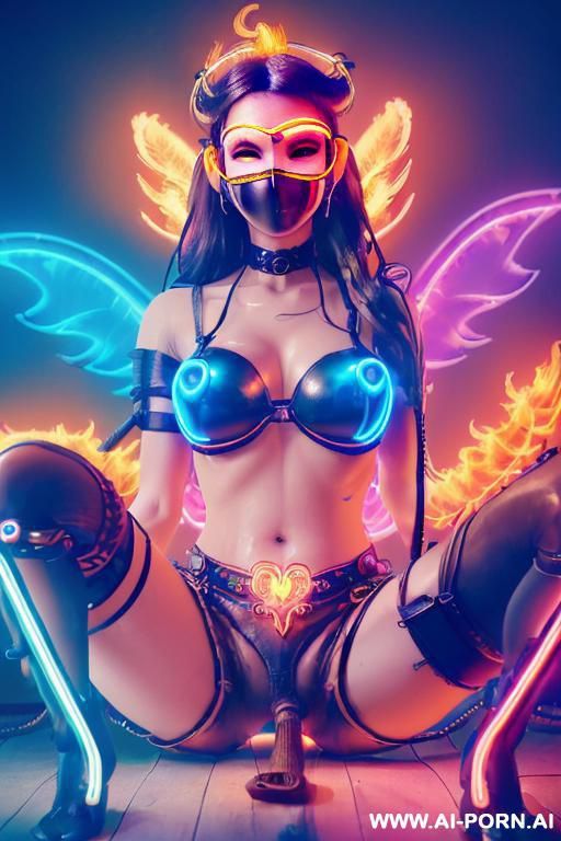 ((((masterpiece)))), (((woman sitting))), (glowing red eyes), (long blue purple and white hair with a flower), ((crop top white collar shirt with red tie)), ((((flaming angel wing)))), ((navy formal - #main