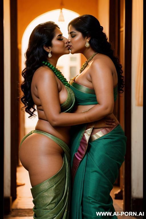 indian chubby queen in a green blouseless sari is kissing a thick full nude female servant with shaved vagina, temple servant, front view, nude, pussy visible - #main