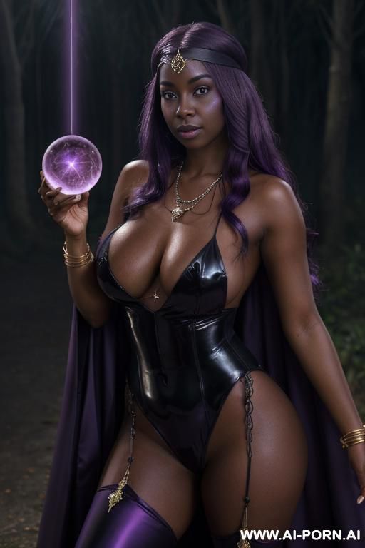 ((topless)), (seductive eye contact), looking at viewer, (lustful face), (full voluminous hair), (necklaces), (((perfect round breasts))), noir skin, (((dark black skin))), magical outfit,, wearing magical cape, ((violet hair)), headband, wet oiled skin - #main