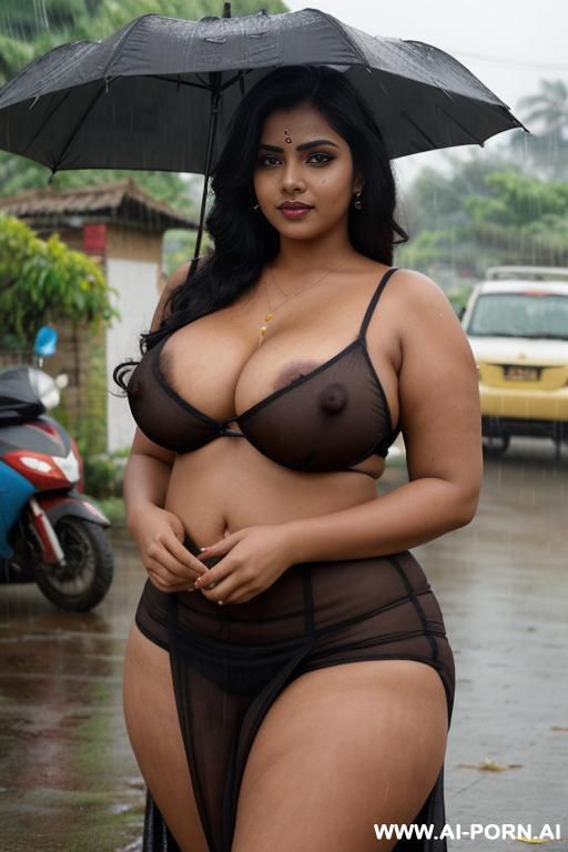desi busty curvy woman, temple servant, busty, dark skin, dark color, chubby, wide waist, nipple slip, hairy pubic area, pussy slip, hair covered public area, village road, rainy day, pussy slip - #main