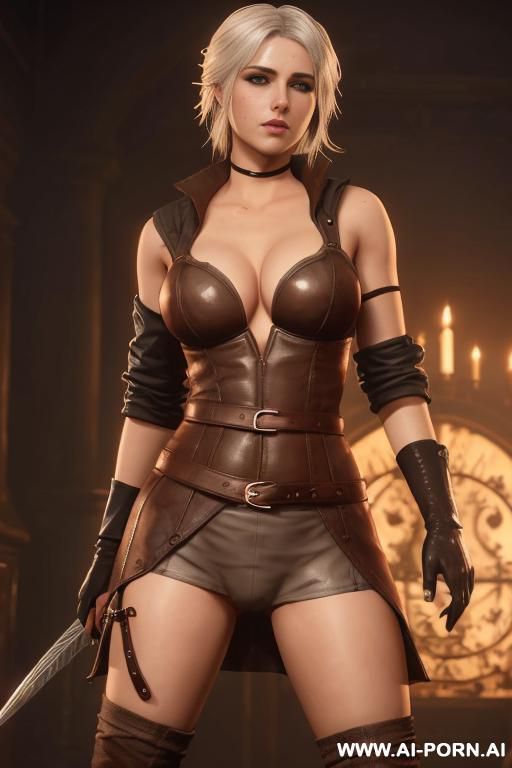 draw several variants of ciri in transparent underwear and with lush shapes, brown leather belt, brown leather gloves, gy style - #main