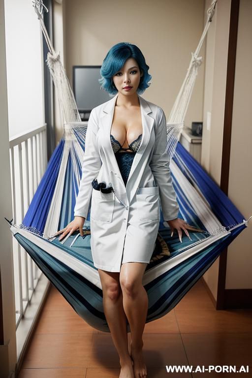 ((massive breasts)), ((busty)), wide hips, v-tappered abs, light muscle definition, thick voluminous hair, (short wavy hair), ((blue hair)), seductive eyes, eye contact, (((white lab coat))), (((exposed breasts))) - #main