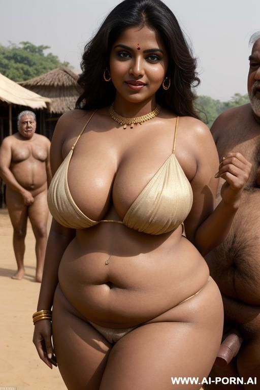 indian woman, golden color skin, busty, curvy, chubby, outdoors village, cleavage, multiple old men around, surrounded by fat old men, shirtless men, dark-skinned men, penis erect, looking her for sex - #main
