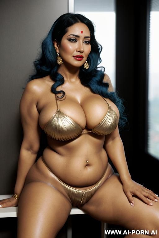 ancient indian woman, golden color skin, busty, semi nude, curvy, chubby, curly long hair, temple servant, sitting, legs wide open, legs up, cleavage - #main