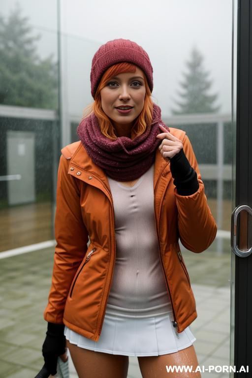 cold street, down jacket, showing boobs, scarf, showing nipples, trembling with cold, lots of people, pointing at her tits - #main