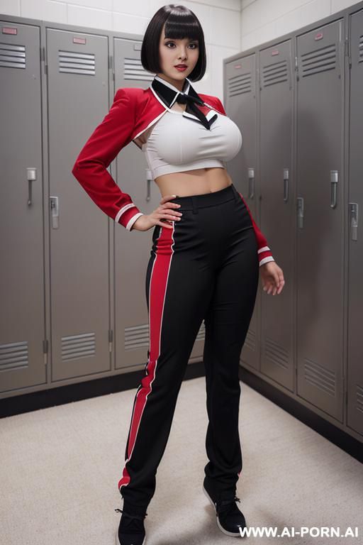 (huge massive gigantic boobs) with (massive ass), (cheerleader uniform) with (pants), (pretty), (japanese), (standing up), (full body), (realistic), (20 years old), (bangs) with (black) and (short hair), (locker room), (full view) - #main