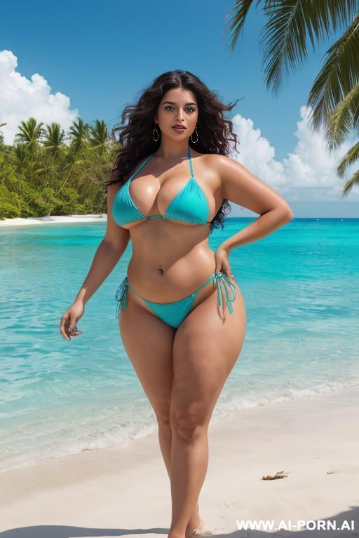4k hyperrealistic, full-body portrait, voluptuous romani female character, barefoot, wide hips, thick strong thighs, plush legs, long dark curly hair, confident playful pose, aqua blue high-cut bikini, - #main