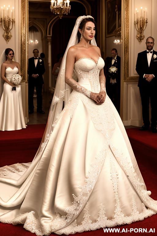 queen of spain, in the dark age, walking completely naked, high heels, red carpet, at the palace reception, many people in the background watching, completely naked, only a long, transparent silk coat, pussy with lots of hair, big breasts, tan lines - #main
