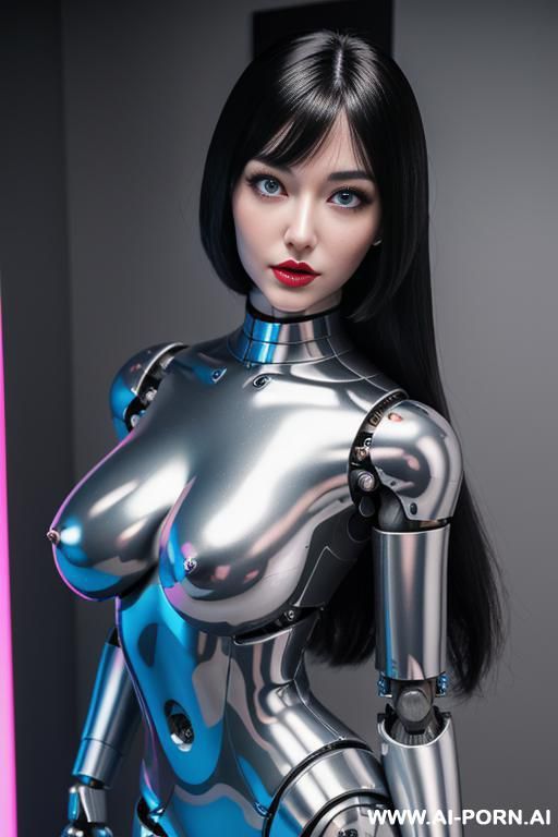 (beautiful very real very detailed robot doll total meccanical artificial robot body woman) with long black hair and black-white glossy glass rubber latex transparent colored skin threads, glowing - #main