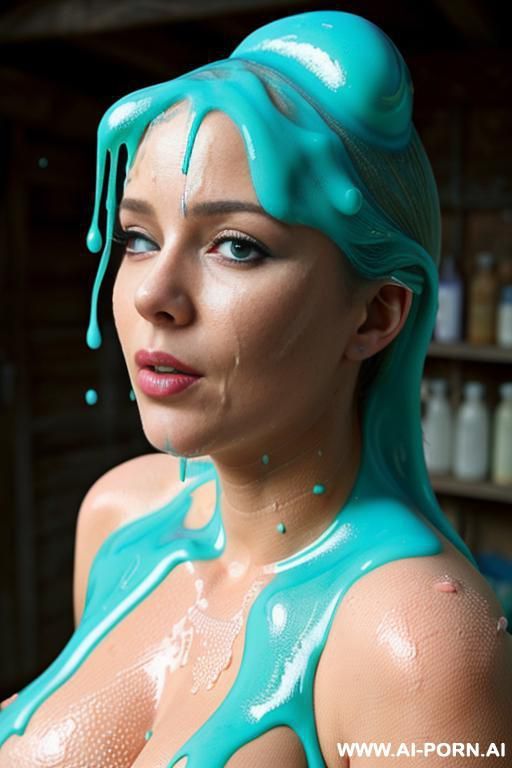 natural boobs. she has just had a bucket of blue goo poured on her head. covered in gloop. shocked, surprised face. her face & air is covered in goo. (((more goo))), (((her hair is 0% covered in goo))) - #main
