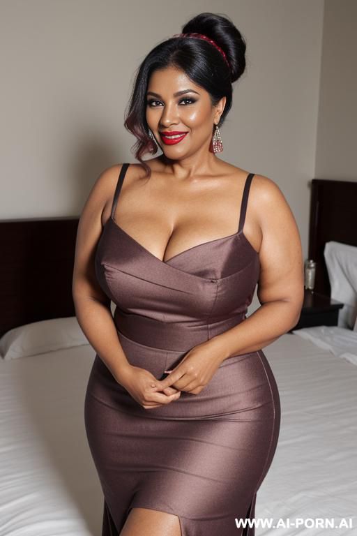 pakistani gilf mom, dark skin, chubby face, grey hair with red highlights, parted down the middle, make up, long eyelashes, blush on cheeks, on bed, wearing pink low cut dress and skirt, cleavage, standing straight, full body view. dark red lipstick, - #main