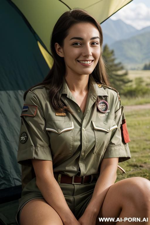(camping) (scout uniform) (open shirt) (sitting) - #main