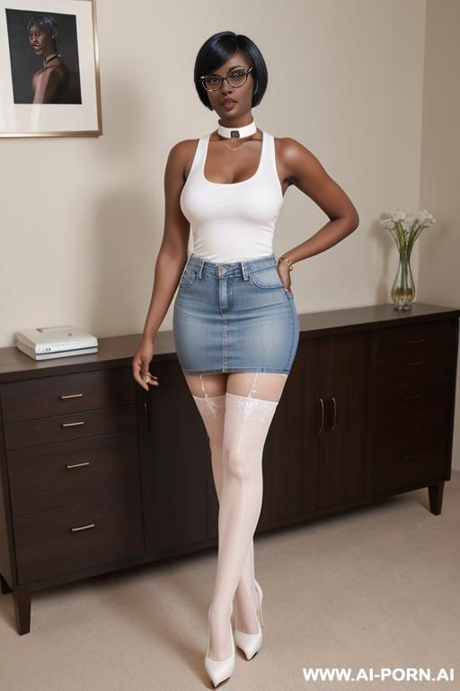 hot tall woman dark skin (high heels) huge tits (peach ass) (knee stockings) glasses (white tank top) (short denim skirt ) pixie haircut (choker collar) (full body shot) (high heels) - #main