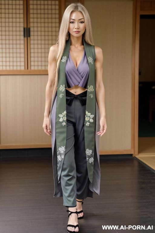 blonde long haired ninja wearing a grey, sleeveless, kimono-style top worn with a dark green obi and tight black pants, of paired with sandals and a green haori ,fair skin, brown eyes, a violet diamond shape, is visible on her forehead - #main
