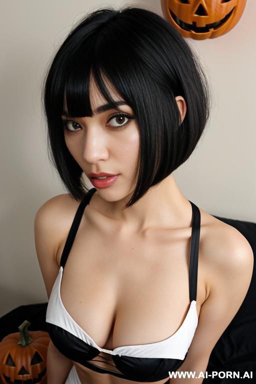 curvy woman in a skeleton halloween costume with a neko cat pumpkin head on. in missionary position with a man. cum on body and in pleasure - #main