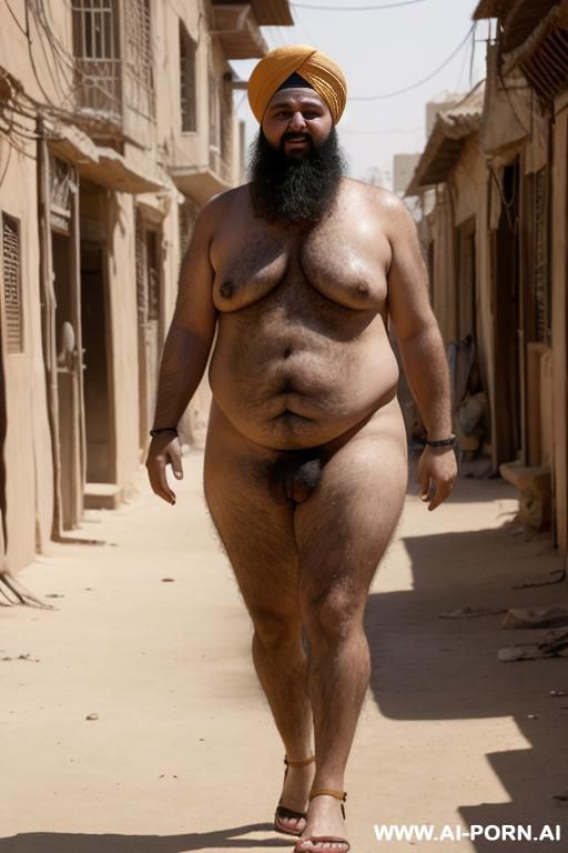 b and sandals, naked show bare, show naked pussy, walking thru dusty town, followed by a fat hairy man in a turban and burnoose - #main