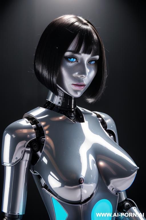 (beautiful very real very detailed robot doll total meccanical artificial robot body woman) with long black hair and black-white glossy glass rubber latex transparent colored skin threads, glowing - #main