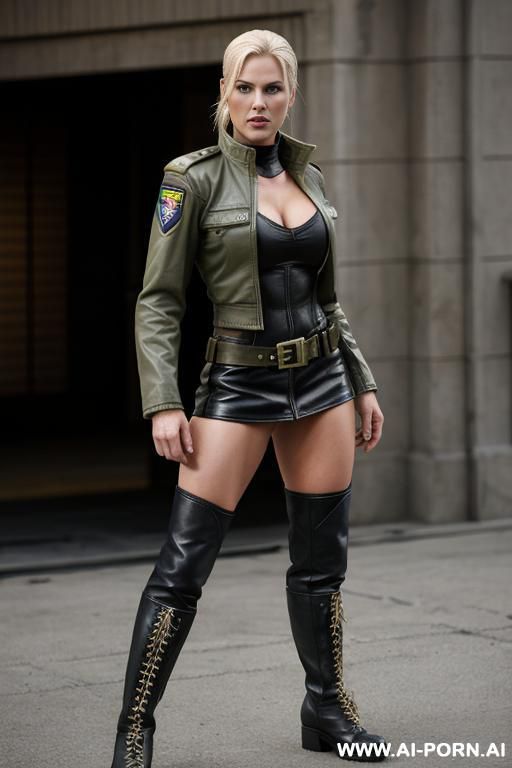 a character from the mortal kombat film, sonya blade, blonde, wearing a short military jacket and leather boots. - #main