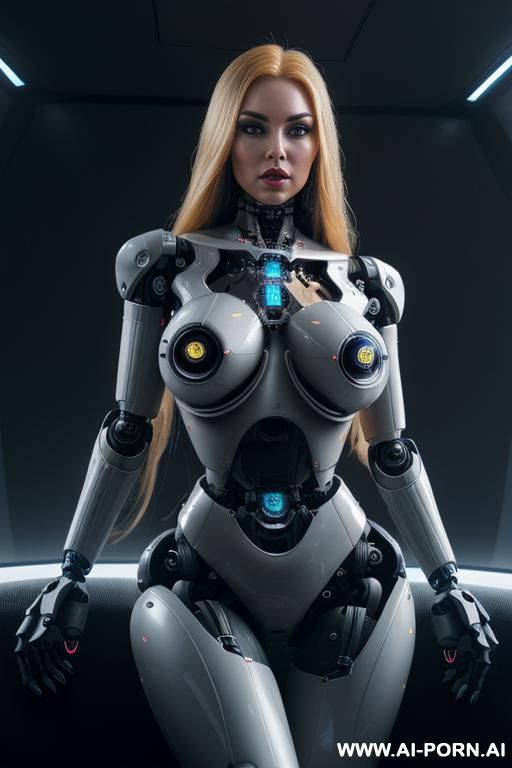 damaged robot, front view, full body view, sitting in armchair in spaceship, looking at viewer, beautiful angry human face with tanned silicone skin, shouting, long straight blonde hair, big lips, - #main