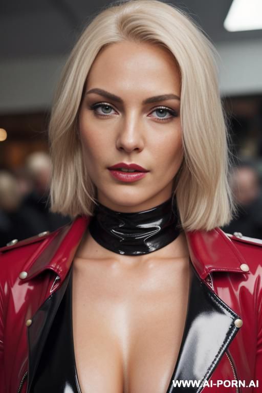 perfect detailed skin caucasian, platinum blonde hair, latex lingerie, red leather coat, showing her tits in public while people watch, realistic photo - #main