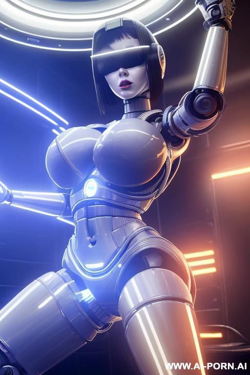 damaged robot, front view, full body view, sitting in armchair in spaceship, looking at viewer, beautiful angry human face with tanned silicone skin, shouting, long straight blonde hair, big lips, - #main