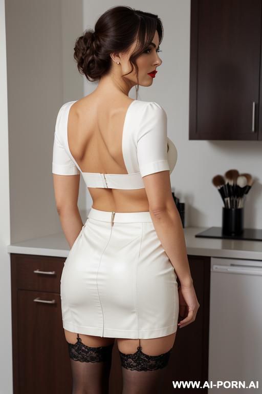 (naked ass), ( boobs), ((fit)), (extremely beautiful make-up), (red lip gloss), seductive, extremely slutty, very wicked, older woman, (wide angle shot), (full body view), (white skin), (fake blond), (fake curly hair), (updo hair) - #main