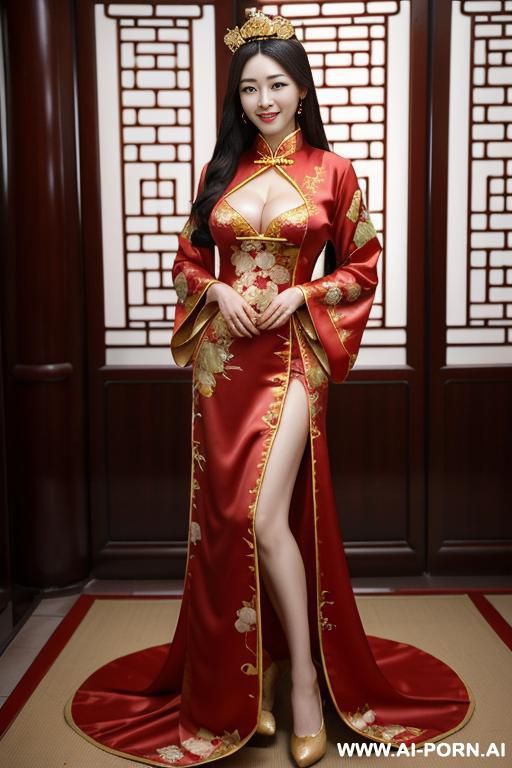 realistic beautiful natural chinese woman, use traditional chinese dress, happy, beautiful natural boobs, beautiful natural body, royal robes and royal lingerie, in a harem, stand, golden crown, cum in boobs. - #main