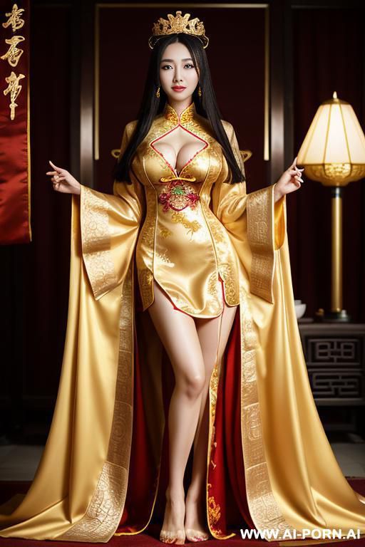 realistic beautiful natural chinese woman, use traditional chinese dress, happy, beautiful natural boobs, beautiful natural body, royal robes and royal lingerie, in a harem, bad, golden crown. - #main