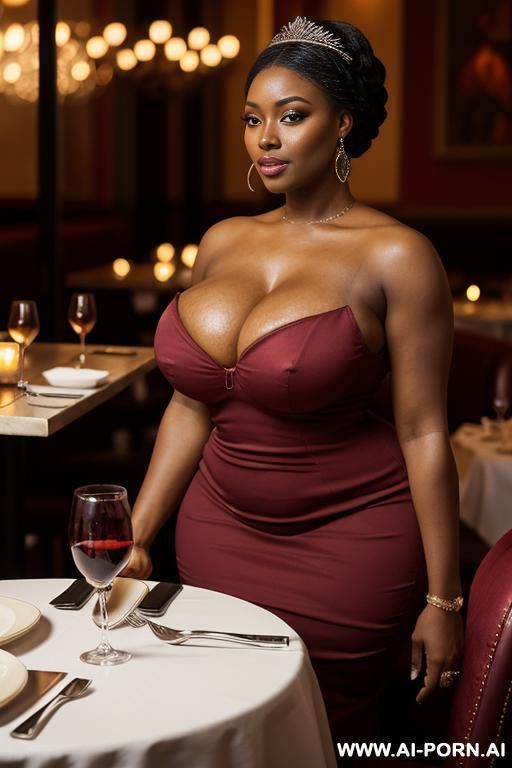 very dark skin; massive saggy boobs; wide hips; thick thighs; wearing a red dress and expensive elry naked - #main