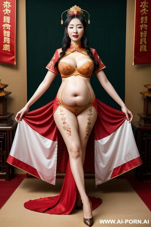 empress of china, chinese woman, eyes closed, screaming orgasm, bed, pregnant, chinese dress, older woman. chinese queen. chinese traditional dress. holding a "you can see" sign - #main