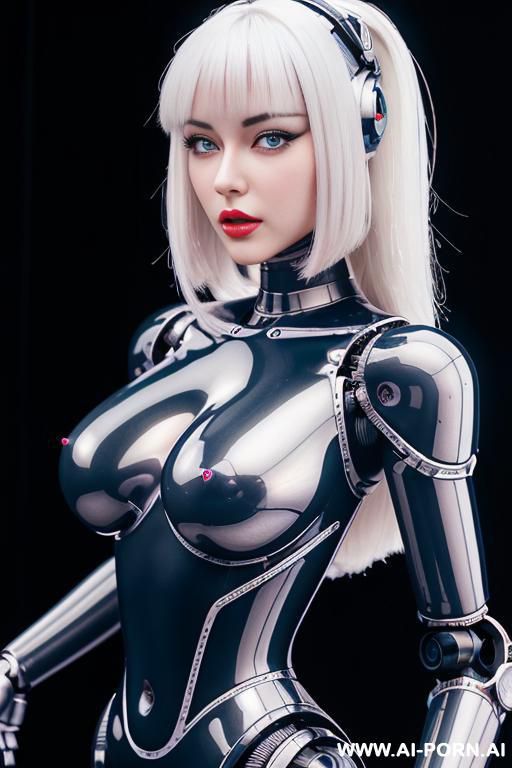 (beautiful very real very detailed robot doll total meccanical artificial robot body woman) with long black hair and black-white glossy glass rubber latex transparent colored skin threads, glowing - #main