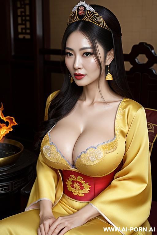 empress of china, use traditional chinese dress, royal dress and tiara, fire burning in cauldrons in some places, boobs like new nursing mother. sitting, older chinese woman. - #main