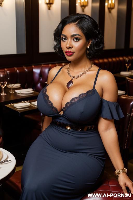 dark skin; bimbo; massive saggy boobs; wide hips; wearing a (big blue polka dot ) dress, (((hourglass figure))), ((heavy necklace)), eye contact, ((big eyes)), looks at me, inviting, seductive, slutty, bangles, bracelets, dark lips - #main