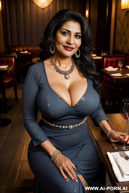 dark skin; massive saggy boobs; wide hips; wearing a (big blue polka dot ) dress, ((hourglass figure)), ((heavy necklace)), eye contact, ((big eyes)), looks at me, inviting, seductive, slutty, bangles, bracelets, dark lips, open lips - #main