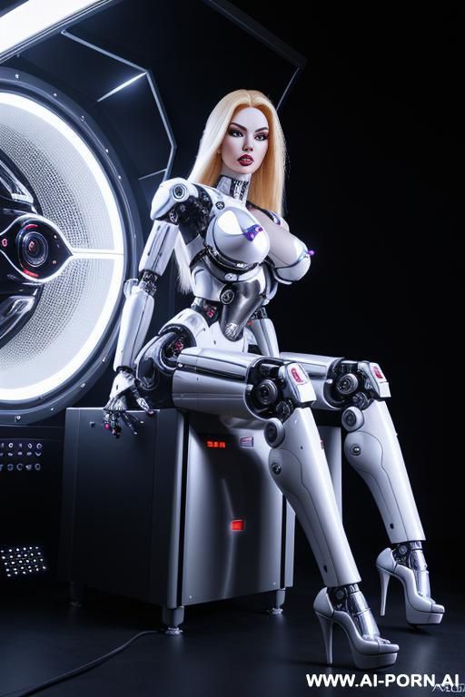 sexbot, front view, full body view, sitting in armchair inside spaceship, spreading legs wide, looking at viewer, beautiful seductive human face with tanned silicone skin, long straight blonde hair, - #main