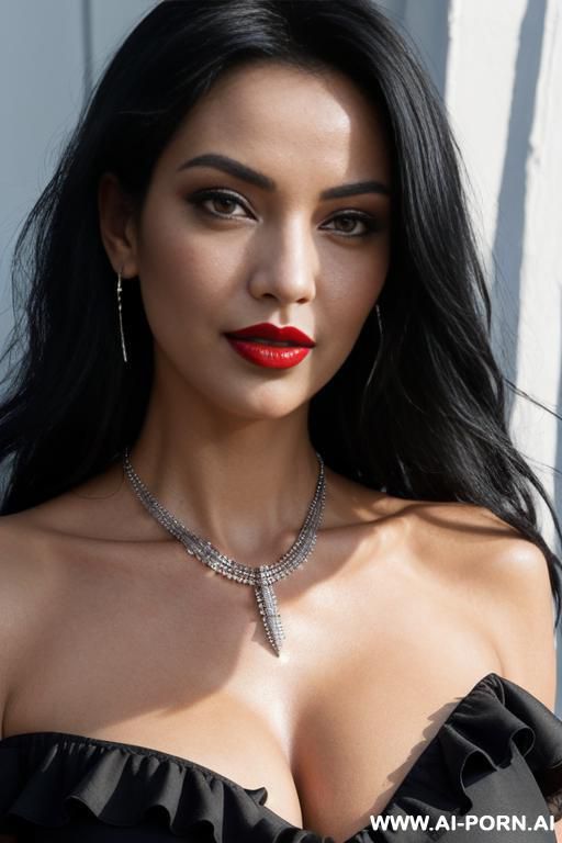 a woman with long, jet-black hair and blue contact lenses, red lipstick. bright morning sunlight from a strong, directional light source creates distinct shws on her face and long, layered, black - #main