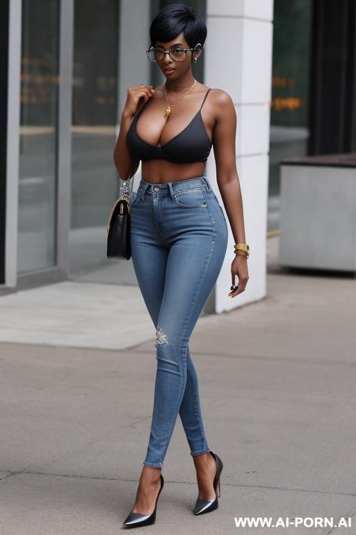 (hot sexy tall woman) (dark skin) ( huge tits) (pixie haircut) (high heels) (glasses) (full body shot) - #main