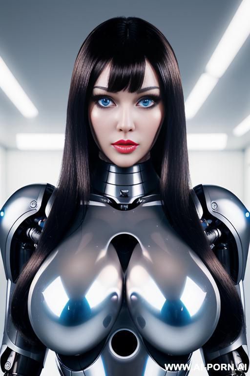 (beautiful very real very detailed robot doll total meccanical artificial robot body woman) with long black hair and black-white glossy glass rubber latex transparent colored skin threads, glowing - #main