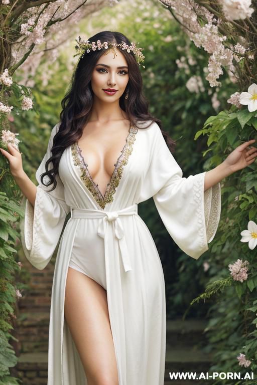 pretty, english, 30, flowing wavy hair, dark brown hair, very white skin, natural boobs, slight smile, makeup, eye liner, standing, spreading legs, walled, garden background. - #main