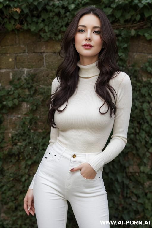 pretty, english, 30, flowing wavy hair, dark brown hair, very white skin, natural boobs, slight smile, makeup, eye liner, standing, spreading legs, turtleneck, jeans, walled, garden background. - #main